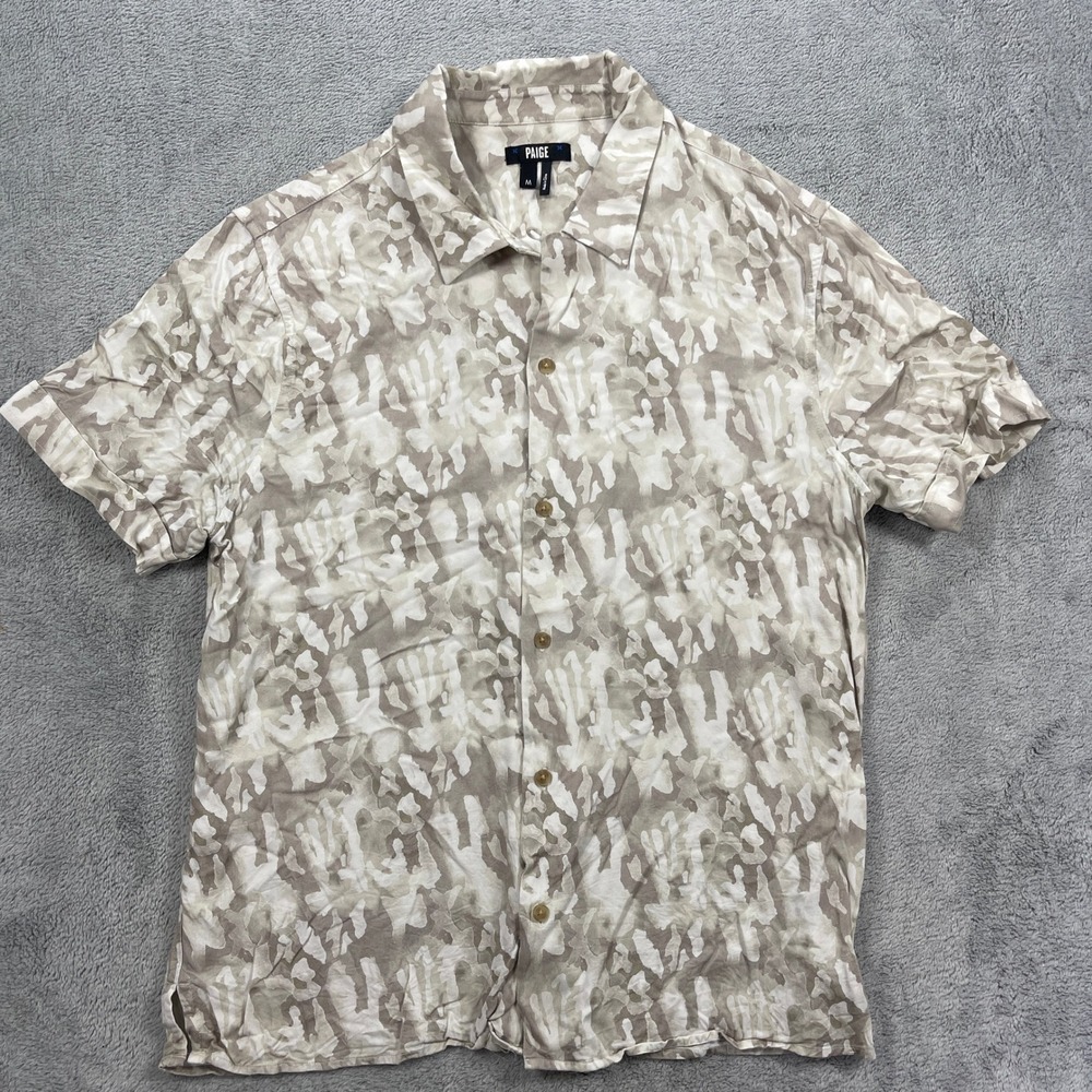 PAIGE Button Up Shirt Men M Tan Abstract Camo Short Sleeve Rayon Vacation